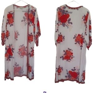FLYING Tomato Floral Boho Kimono Cardigan White Red Floral Small Medium